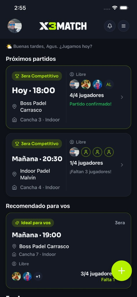 Pantalla de inicio de la app X3Match con próximos partidos por categoría